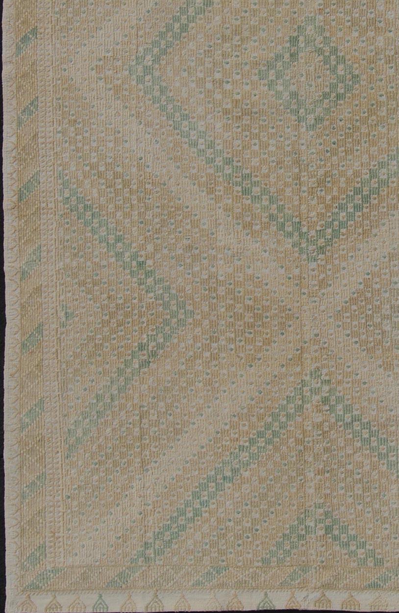 Vintage Turkish Flat Weave Kilim Rug with Diamond Geometric Design Taupe, Tan, Cream, and Sea - Foam Green Geometric Design Vintage Kilim Rug from Turkey, Keivan Woven Arts rug en - 01, country of origin / type: Turkey / Kilim, circa 1950 Fea... - Keivan Woven ArtsEN - 01 - 10924Rug