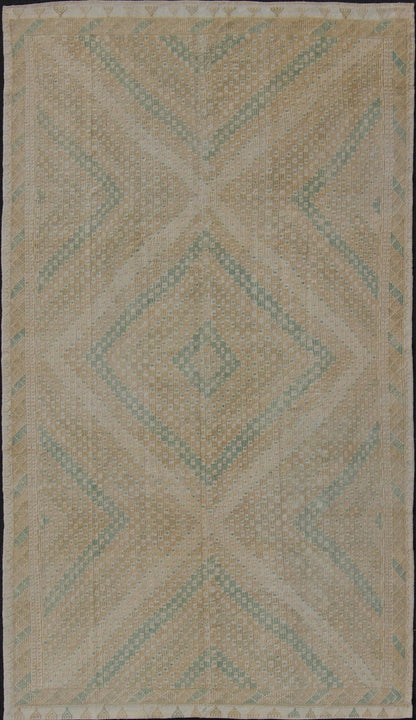 Vintage Turkish Flat Weave Kilim Rug with Diamond Geometric Design Taupe, Tan, Cream, and Sea - Foam Green Geometric Design Vintage Kilim Rug from Turkey, Keivan Woven Arts rug en - 01, country of origin / type: Turkey / Kilim, circa 1950 Fea... - Keivan Woven ArtsEN - 01 - 10924Rug