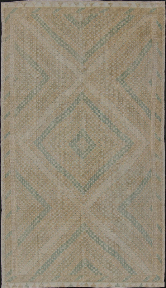 Vintage Turkish Flat Weave Kilim Rug with Diamond Geometric Design Taupe, Tan, Cream, and Sea - Foam Green Geometric Design Vintage Kilim Rug from Turkey, Keivan Woven Arts rug en - 01, country of origin / type: Turkey / Kilim, circa 1950 Fea... - Keivan Woven ArtsEN - 01 - 10924Rug
