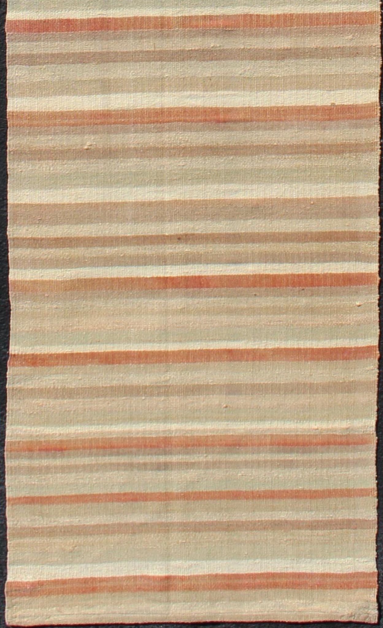 Vintage Turkish Kilim Runner with a Stripe and Modern Design Vintage Turkish Kilim runner with a stripe and modern design Minimalist stripe design Kilim runner from Turkey, rug en - 10, country of origin / type: Turkey / Kilim, circa 1950 Th... - Keivan Woven ArtsEN - 10 - 12243Rug