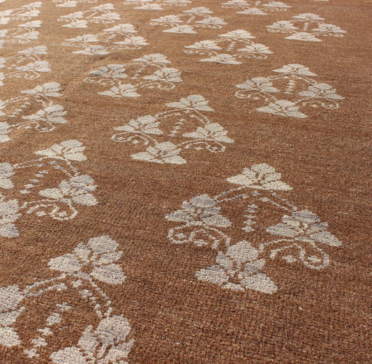 Vintage Turkish unique Oushak with Repeating Flowers Design. Measures: 4'6 x 6'10. This Vintage Oushak displays a chocolate brown background with Taupe/grey repeating motifs in the central field, all flanked by a surrounding solid border in Taupe... - Keivan Woven ArtsEN - 1005 - 3425Rug