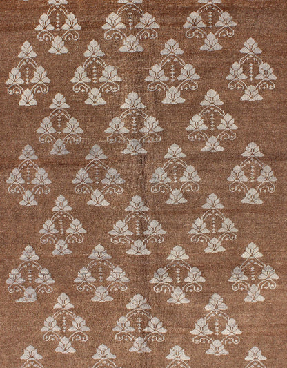 Vintage Turkish unique Oushak with Repeating Flowers Design. Measures: 4'6 x 6'10. This Vintage Oushak displays a chocolate brown background with Taupe/grey repeating motifs in the central field, all flanked by a surrounding solid border in Taupe... - Keivan Woven ArtsEN - 1005 - 3425Rug
