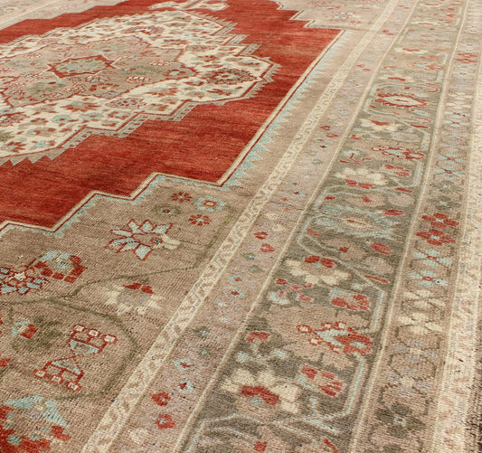 Turkish Oushak Rug in Orange Red, Light Green, Warm Taupe and Cream colors. Measures: 7.6 x 11.0. This beautiful classic Vintage Oushak has a large medallion in Rust/orange red complemented by light green border and warm taupe and cream colors. ... - Keivan Woven ArtsEN - 1007 - 5440Rug