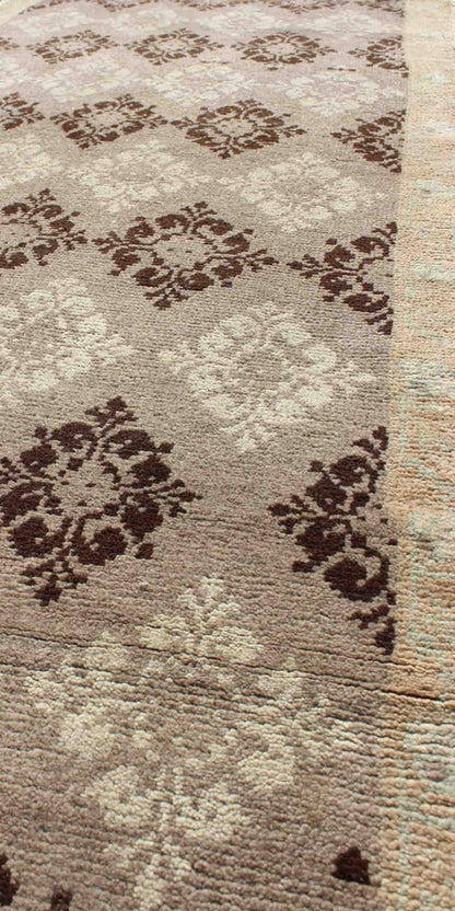 Taupe, brown, ivory vintage Turkish Oushak runner with diamond blossom motifs, rug en - 1012, country of origin / type: Turkey / Oushak, circa 1940 This unique Turkish Oushak carpet features an all - over design of intricate diamond - shaped botanical... - Keivan Woven ArtsEN - 1012 - 3403Rug