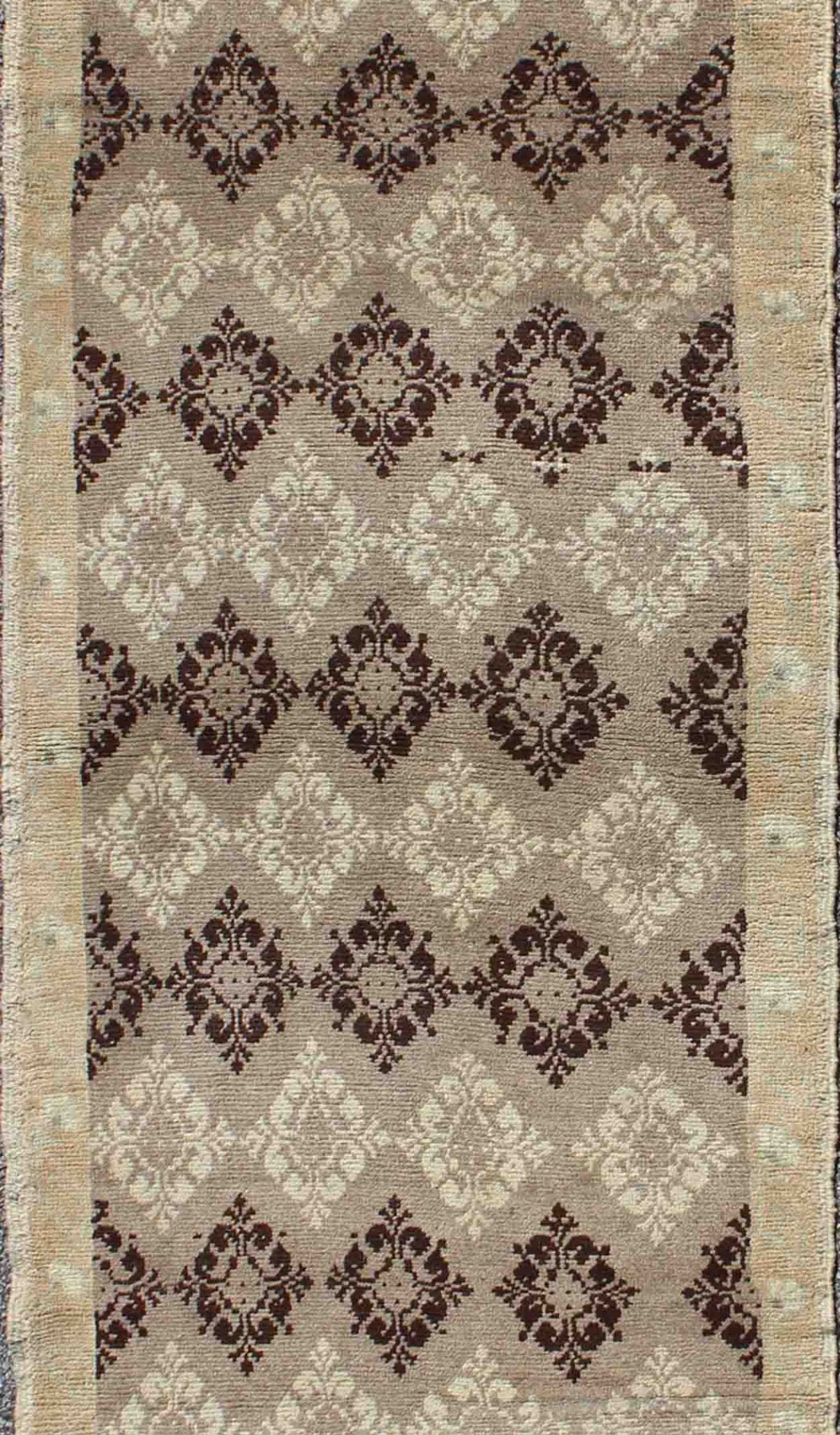 Taupe, brown, ivory vintage Turkish Oushak runner with diamond blossom motifs, rug en - 1012, country of origin / type: Turkey / Oushak, circa 1940 This unique Turkish Oushak carpet features an all - over design of intricate diamond - shaped botanical... - Keivan Woven ArtsEN - 1012 - 3403Rug
