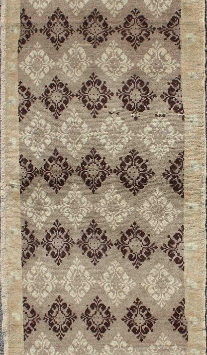 Taupe, brown, ivory vintage Turkish Oushak runner with diamond blossom motifs, rug en - 1012, country of origin / type: Turkey / Oushak, circa 1940 This unique Turkish Oushak carpet features an all - over design of intricate diamond - shaped botanical... - Keivan Woven ArtsEN - 1012 - 3403Rug
