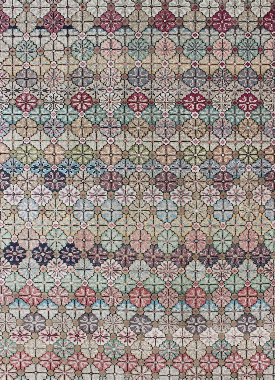 Keivan Woven Arts Mid - Century Modern, Vintage Rug in Multi Colors in Modern Design EN - 1038 Mid - Century Modern Turkish Rug, Vintage Modern Carpet in Multi Colors Mid - Century Modern Turkish Carpet Rendered in diamond shapes with a spotted and ... - Keivan Woven ArtsEN - 1038 - 4880Rug