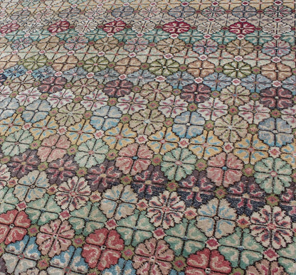 Keivan Woven Arts Mid - Century Modern, Vintage Rug in Multi Colors in Modern Design EN - 1038 Mid - Century Modern Turkish Rug, Vintage Modern Carpet in Multi Colors Mid - Century Modern Turkish Carpet Rendered in diamond shapes with a spotted and ... - Keivan Woven ArtsEN - 1038 - 4880Rug