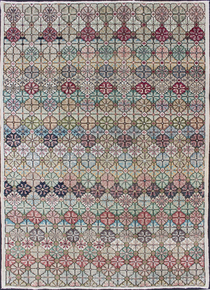 Keivan Woven Arts Mid - Century Modern, Vintage Rug in Multi Colors in Modern Design EN - 1038 Mid - Century Modern Turkish Rug, Vintage Modern Carpet in Multi Colors Mid - Century Modern Turkish Carpet Rendered in diamond shapes with a spotted and ... - Keivan Woven ArtsEN - 1038 - 4880Rug