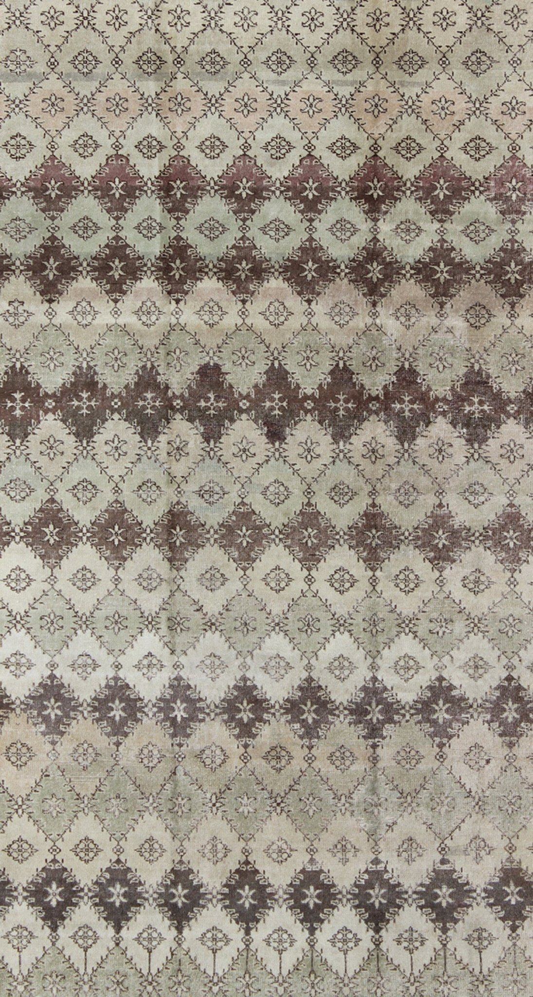 Vintage Distressed Rug with Diamond Modern Design in Earth Tones & Neutrals. This vintage Turkish Mid - Century Modern distressed rug is rendered in diamond pattern and a speckled assortment of taupe, light blue, muted green, Chocolate Brown and gray... - Keivan Woven ArtsEN - 1039 - 5279Rug