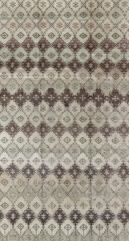 Vintage Distressed Rug with Diamond Modern Design in Earth Tones & Neutrals. This vintage Turkish Mid - Century Modern distressed rug is rendered in diamond pattern and a speckled assortment of taupe, light blue, muted green, Chocolate Brown and gray... - Keivan Woven ArtsEN - 1039 - 5279Rug