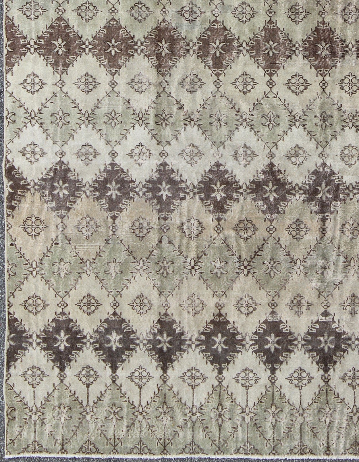Vintage Distressed Rug with Diamond Modern Design in Earth Tones & Neutrals. This vintage Turkish Mid - Century Modern distressed rug is rendered in diamond pattern and a speckled assortment of taupe, light blue, muted green, Chocolate Brown and gray... - Keivan Woven ArtsEN - 1039 - 5279Rug