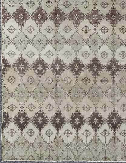 Vintage Distressed Rug with Diamond Modern Design in Earth Tones & Neutrals. This vintage Turkish Mid - Century Modern distressed rug is rendered in diamond pattern and a speckled assortment of taupe, light blue, muted green, Chocolate Brown and gray... - Keivan Woven ArtsEN - 1039 - 5279Rug