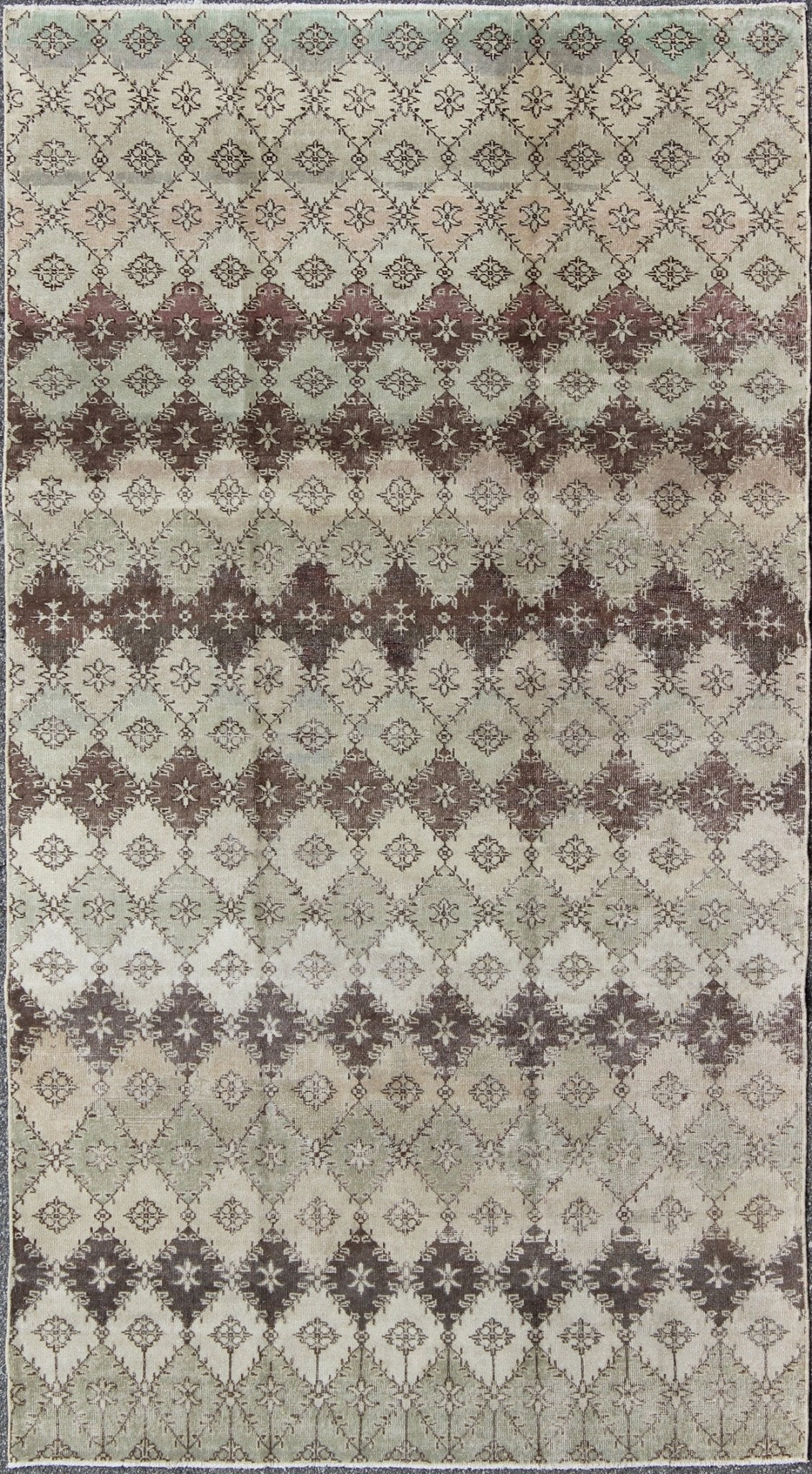 Vintage Distressed Rug with Diamond Modern Design in Earth Tones & Neutrals. This vintage Turkish Mid - Century Modern distressed rug is rendered in diamond pattern and a speckled assortment of taupe, light blue, muted green, Chocolate Brown and gray... - Keivan Woven ArtsEN - 1039 - 5279Rug