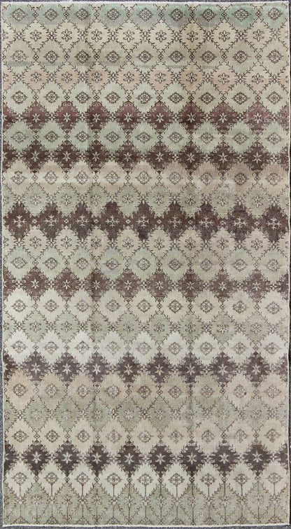 Vintage Distressed Rug with Diamond Modern Design in Earth Tones & Neutrals. This vintage Turkish Mid - Century Modern distressed rug is rendered in diamond pattern and a speckled assortment of taupe, light blue, muted green, Chocolate Brown and gray... - Keivan Woven ArtsEN - 1039 - 5279Rug