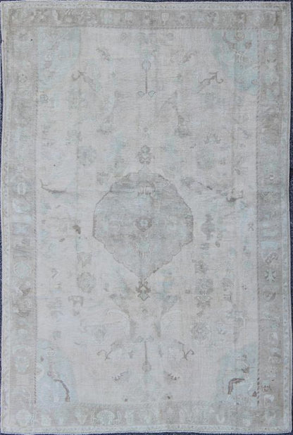 Muted Layered Medallion Vintage Turkish Oushak Rug in Taupe, Lt Blue, and Brown Muted medallion sub - geometric vintage Turkish Oushak tug in taupe, light blue, brown, Keivan Woven Arts / rug EN - 1057, country of origin / type: Turkey / Oushak, ci... - Keivan Woven ArtsEN - 1057 - 6616Rug