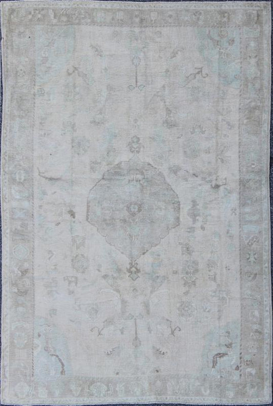 Muted Layered Medallion Vintage Turkish Oushak Rug in Taupe, Lt Blue, and Brown Muted medallion sub - geometric vintage Turkish Oushak tug in taupe, light blue, brown, Keivan Woven Arts / rug EN - 1057, country of origin / type: Turkey / Oushak, ci... - Keivan Woven ArtsEN - 1057 - 6616Rug