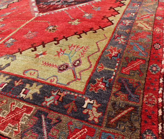 Antique Turkish Oushak Carpet with Saw - Toothed Diamond Medallion in Deep Colors Antique Turkish Oushak Carpet rug/en - 3451 origin/turkey kwarugs The unique, elongated size of this Turkish carpet is enhanced by its use of exquisite design and d... - Keivan Woven ArtsEN - 1065 - 4472Rug