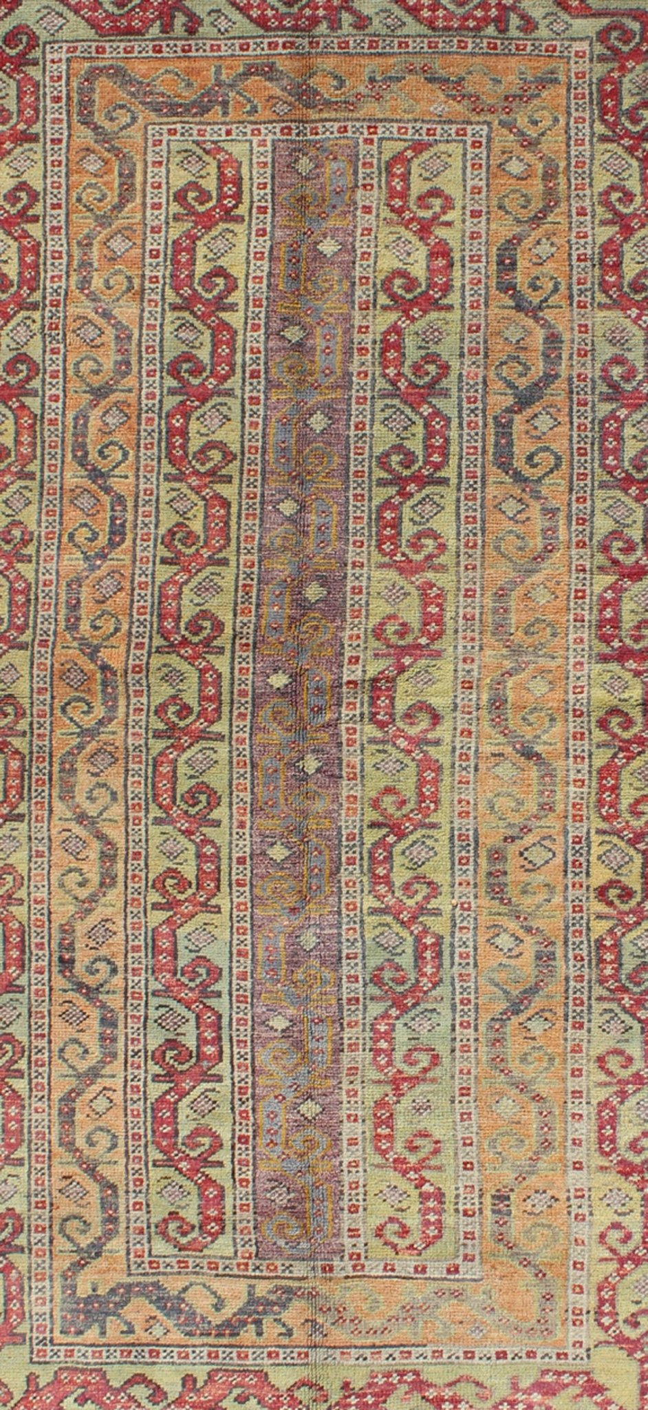 Antique Turkish Rug With Vertical Stripe Design in Light Green, Red, Light Orange and Purple. Measures: 3'7 x 6'6. With a multitude of stacking frames, the striking design as well as the unique color combination, this unique Turkish rug... - Keivan Woven ArtsEN - 1107 - 5283Rug