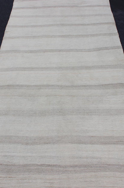 Vintage Turkish Kilim Runner with Stripes in Light Taupe and Gray Tones Vintage Turkish Kilim Runner with Stripes in Light Taupe and Gray Tones. Stripe design Kilim in cream and gray, Keivan Woven Arts / rug EN - 111, country of origin / type: Tur... - Keivan Woven ArtsEN - 111 - 12717Rug