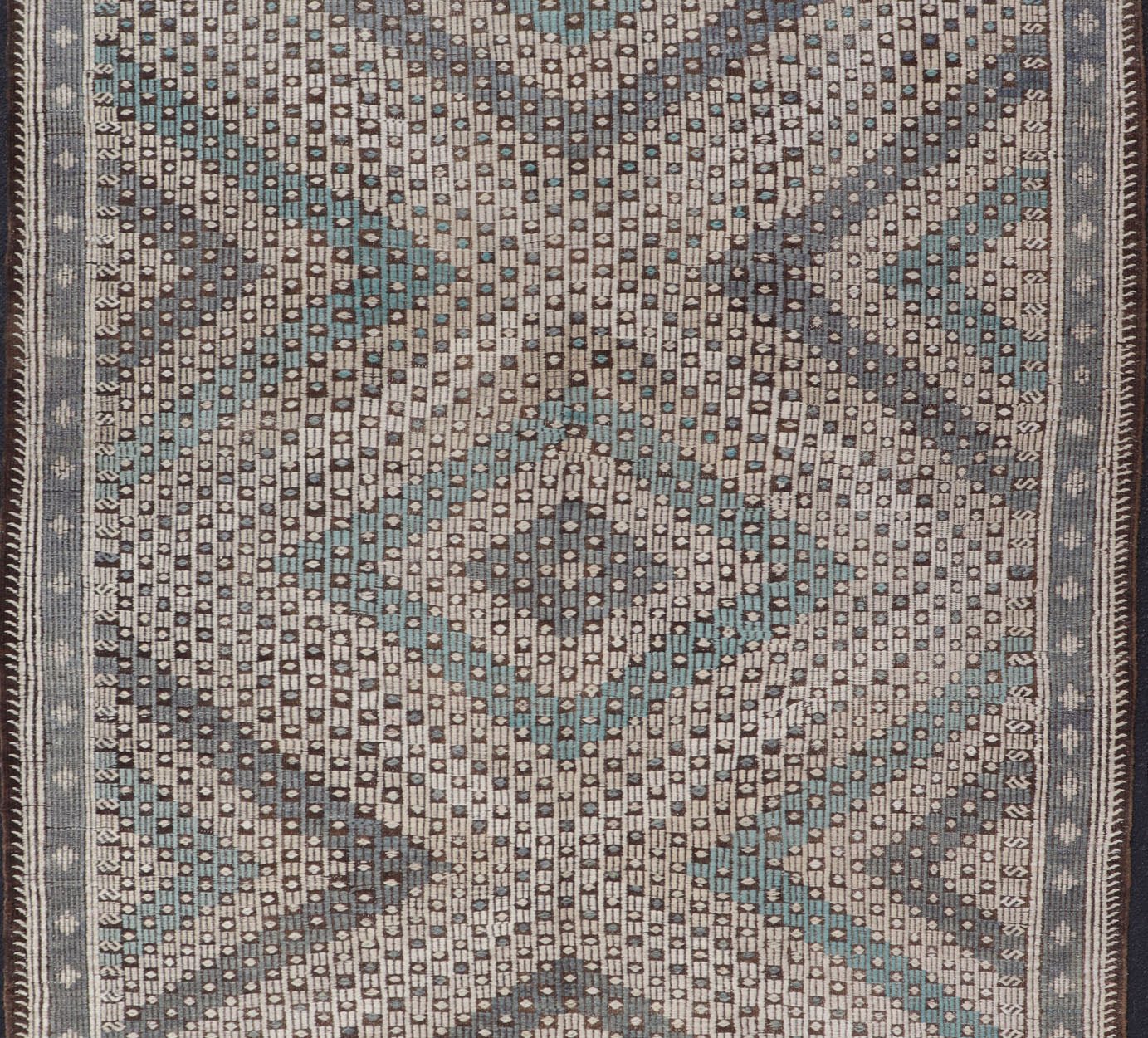 Vintage Hand Woven Turkish Kilim Rug in Wool with Sub - Geometric Diamond Design. Hand - Woven Turkish Kilim Rug with Sub - Geometric Diamond Design, Keivan Woven Arts; rug EN - 1112, country of origin / type: Iran / Kilim, circa 1950. Measures: 6'10 x 11'0... - Keivan Woven ArtsEN - 1112 - 15302Rug