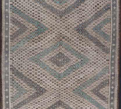 Vintage Hand Woven Turkish Kilim Rug in Wool with Sub - Geometric Diamond Design. Hand - Woven Turkish Kilim Rug with Sub - Geometric Diamond Design, Keivan Woven Arts; rug EN - 1112, country of origin / type: Iran / Kilim, circa 1950. Measures: 6'10 x 11'0... - Keivan Woven ArtsEN - 1112 - 15302Rug