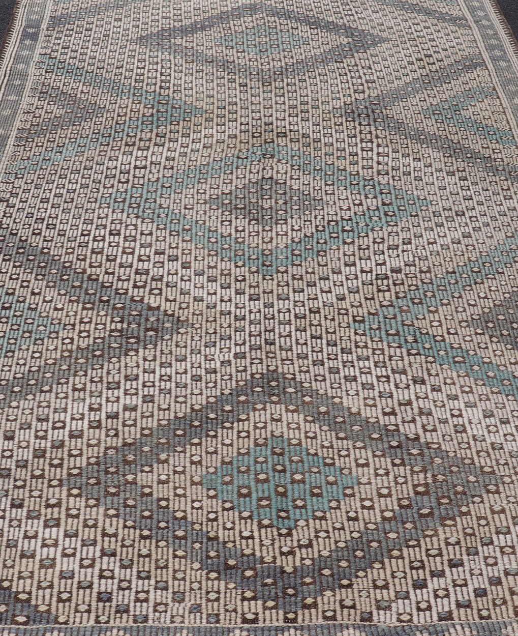 Vintage Hand Woven Turkish Kilim Rug in Wool with Sub - Geometric Diamond Design. Hand - Woven Turkish Kilim Rug with Sub - Geometric Diamond Design, Keivan Woven Arts; rug EN - 1112, country of origin / type: Iran / Kilim, circa 1950. Measures: 6'10 x 11'0... - Keivan Woven ArtsEN - 1112 - 15302Rug
