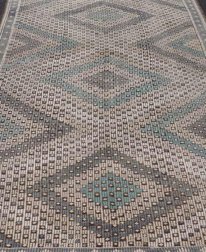 Vintage Hand Woven Turkish Kilim Rug in Wool with Sub - Geometric Diamond Design. Hand - Woven Turkish Kilim Rug with Sub - Geometric Diamond Design, Keivan Woven Arts; rug EN - 1112, country of origin / type: Iran / Kilim, circa 1950. Measures: 6'10 x 11'0... - Keivan Woven ArtsEN - 1112 - 15302Rug