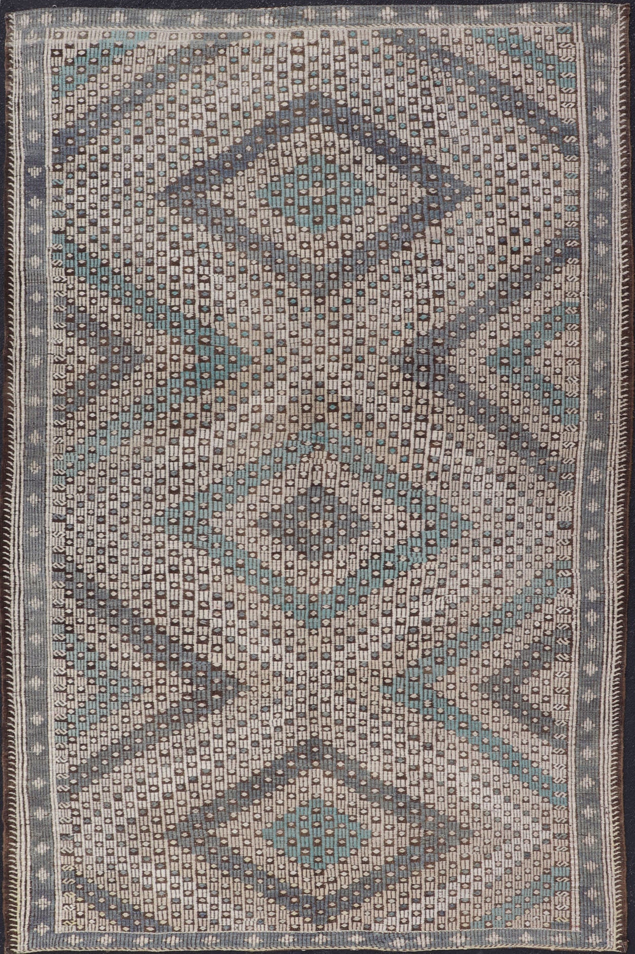 Vintage Hand Woven Turkish Kilim Rug in Wool with Sub - Geometric Diamond Design. Hand - Woven Turkish Kilim Rug with Sub - Geometric Diamond Design, Keivan Woven Arts; rug EN - 1112, country of origin / type: Iran / Kilim, circa 1950. Measures: 6'10 x 11'0... - Keivan Woven ArtsEN - 1112 - 15302Rug