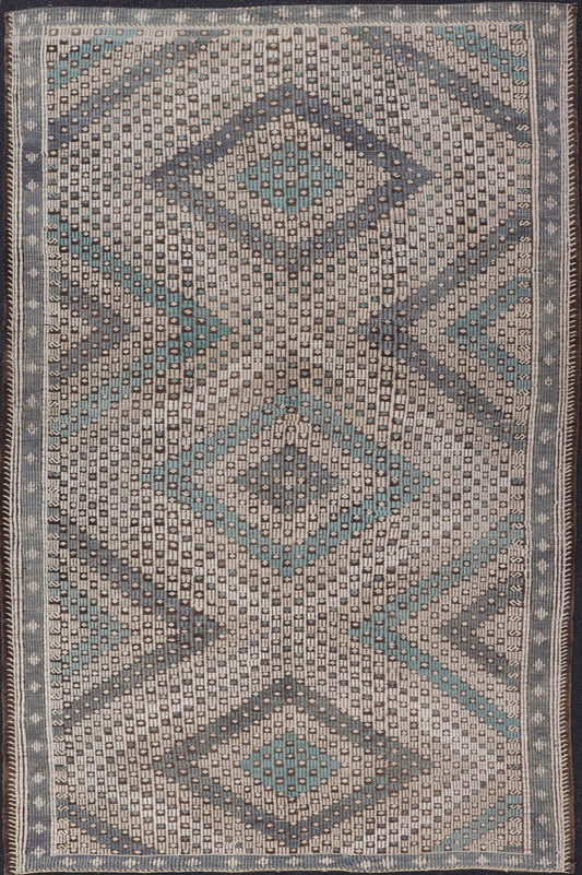Vintage Hand Woven Turkish Kilim Rug in Wool with Sub - Geometric Diamond Design. Hand - Woven Turkish Kilim Rug with Sub - Geometric Diamond Design, Keivan Woven Arts; rug EN - 1112, country of origin / type: Iran / Kilim, circa 1950. Measures: 6'10 x 11'0... - Keivan Woven ArtsEN - 1112 - 15302Rug