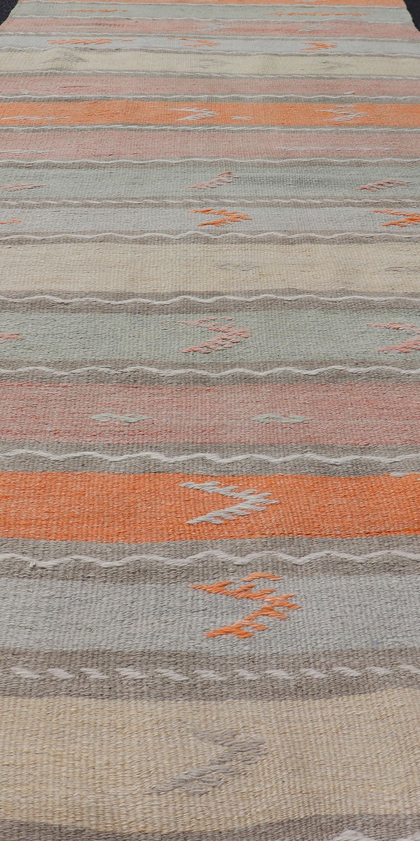 Geometric Stripe Vintage Turkish Kilim Flat - Weave Runner in Multi Color. Keivan Woven Arts / rug EN - 11124, country of origin / type: Turkey / Kilim, circa 1950 Measures: 3'0 x 11'10 Featuring a striking stripe design, this unique mid - century Kil... - Keivan Woven ArtsEN - 11124 - 15328Rug