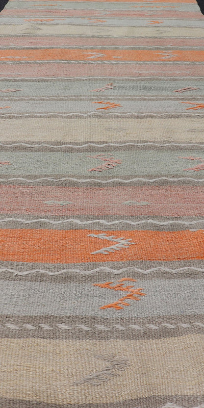 Geometric Stripe Vintage Turkish Kilim Flat - Weave Runner in Multi Color. Keivan Woven Arts / rug EN - 11124, country of origin / type: Turkey / Kilim, circa 1950 Measures: 3'0 x 11'10 Featuring a striking stripe design, this unique mid - century Kil... - Keivan Woven ArtsEN - 11124 - 15328Rug