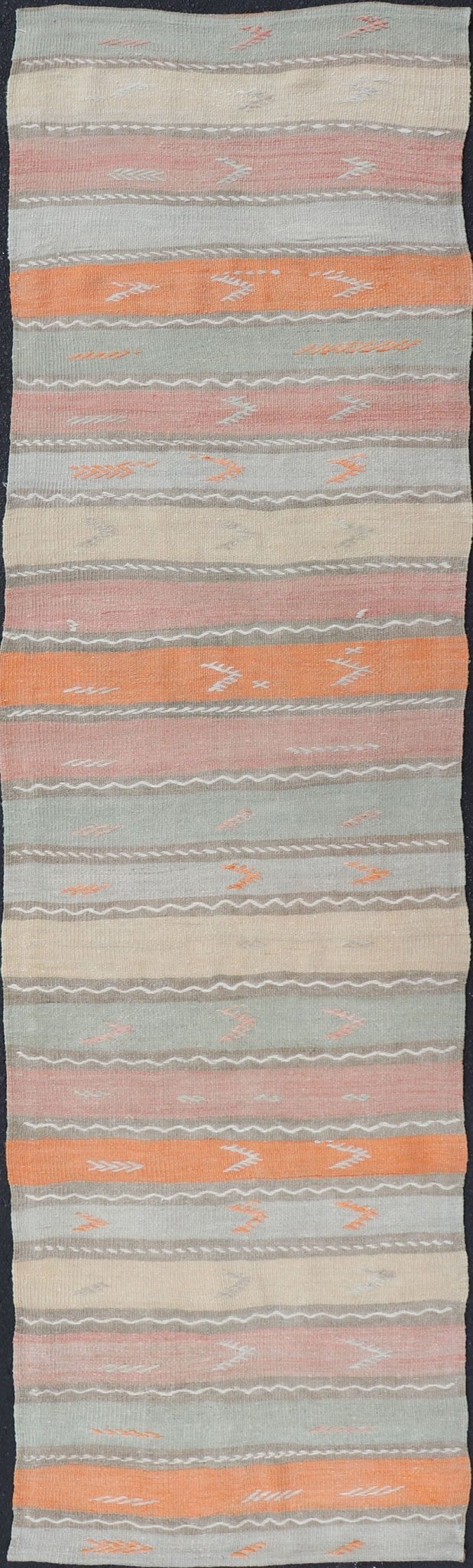 Geometric Stripe Vintage Turkish Kilim Flat - Weave Runner in Multi Color. Keivan Woven Arts / rug EN - 11124, country of origin / type: Turkey / Kilim, circa 1950 Measures: 3'0 x 11'10 Featuring a striking stripe design, this unique mid - century Kil... - Keivan Woven ArtsEN - 11124 - 15328Rug