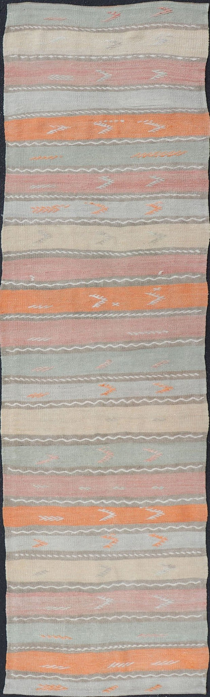 Geometric Stripe Vintage Turkish Kilim Flat - Weave Runner in Multi Color. Keivan Woven Arts / rug EN - 11124, country of origin / type: Turkey / Kilim, circa 1950 Measures: 3'0 x 11'10 Featuring a striking stripe design, this unique mid - century Kil... - Keivan Woven ArtsEN - 11124 - 15328Rug