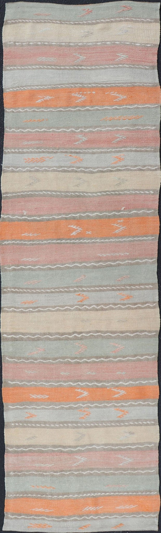 Geometric Stripe Vintage Turkish Kilim Flat - Weave Runner in Multi Color. Keivan Woven Arts / rug EN - 11124, country of origin / type: Turkey / Kilim, circa 1950 Measures: 3'0 x 11'10 Featuring a striking stripe design, this unique mid - century Kil... - Keivan Woven ArtsEN - 11124 - 15328Rug