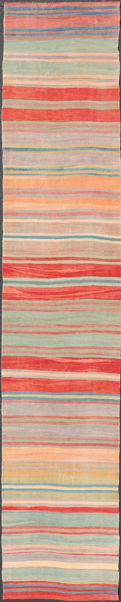 Vintage Turkish Kilim Runner with Stripes in Red, Green, Yellow, and Multi Color. Keivan Woven Arts / rug EN - 1119, country of origin / type: Turkey / Kilim, circa mid - 20th century Measures: 2'6 x 13'2 Woven during the mid - 20th century in Turkey,... - Keivan Woven ArtsEN - 1119 - 15306Rug