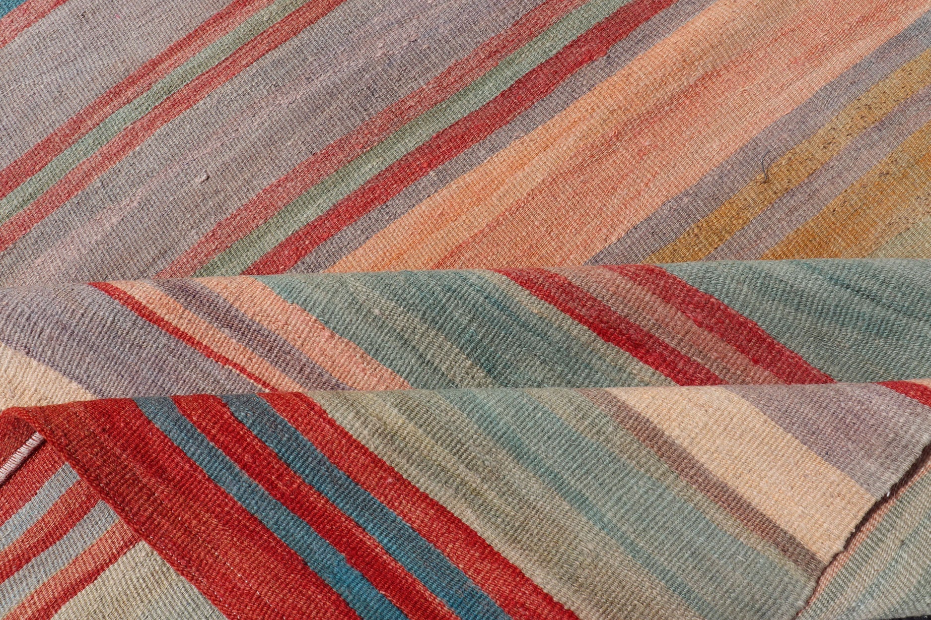 Vintage Turkish Kilim Runner with Stripes in Red, Green, Yellow, and Multi Color. Keivan Woven Arts / rug EN - 1119, country of origin / type: Turkey / Kilim, circa mid - 20th century Measures: 2'6 x 13'2 Woven during the mid - 20th century in Turkey,... - Keivan Woven ArtsEN - 1119 - 15306Rug