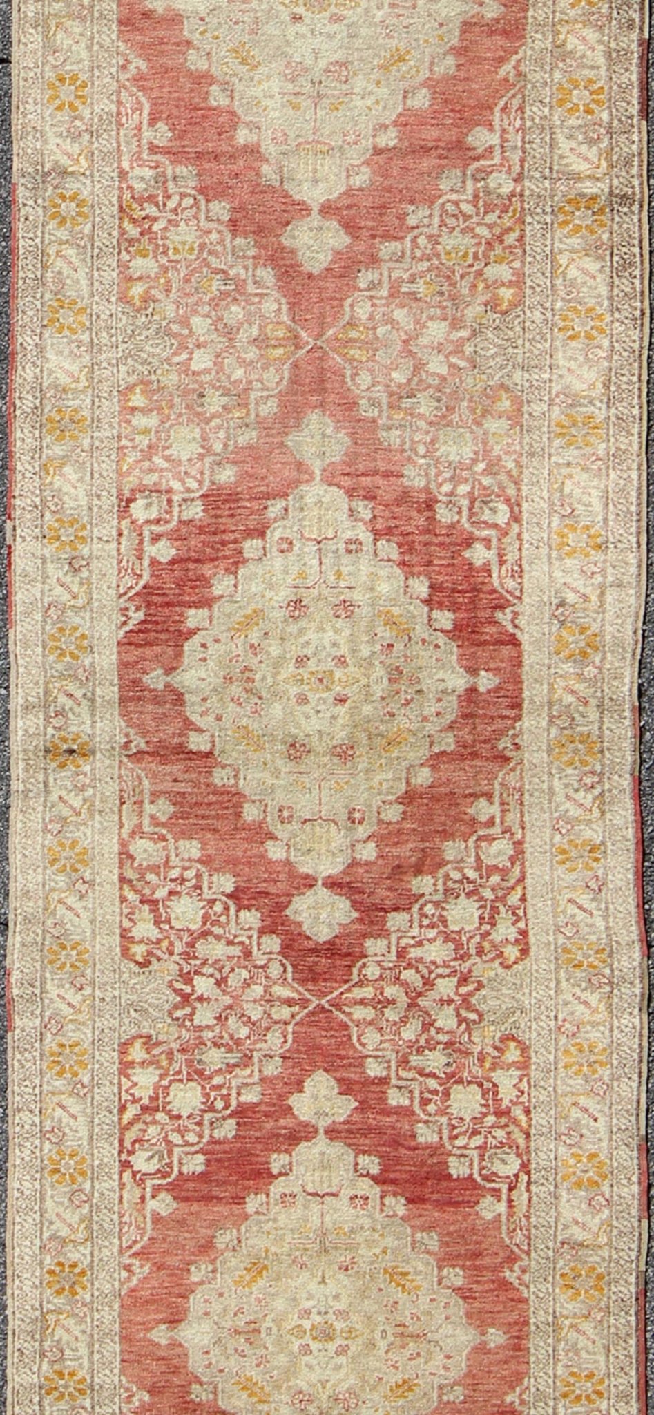 Antique Turkish Oushak Runner with Red Background and Ivory/Cream Medallions kwarugs Antique Turkish Oushak runner with red background and ivory/cream medallions, rug en - 112041, country of origin / type: Turkey / Oushak, circa 1920 This a... - Keivan Woven ArtsEN - 112041 - 2802Rug