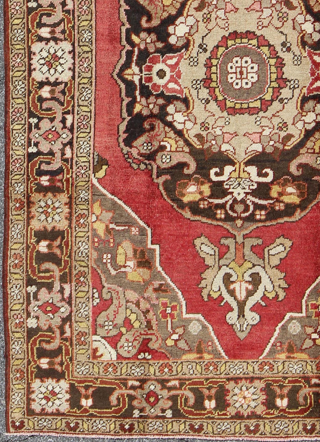 Keivan Woven Arts, En - 112094, 1930's Antique Turkish Oushak Rug. Turkish Antique Oushak with Scroll - Flower Pattern in Brown, Red, Light Green, Gray Taupe and Yellow This wonderful Turkish Oushak features chocolate brown border and medallion, red... - Keivan Woven ArtsEN - 112094 - 3170Rug