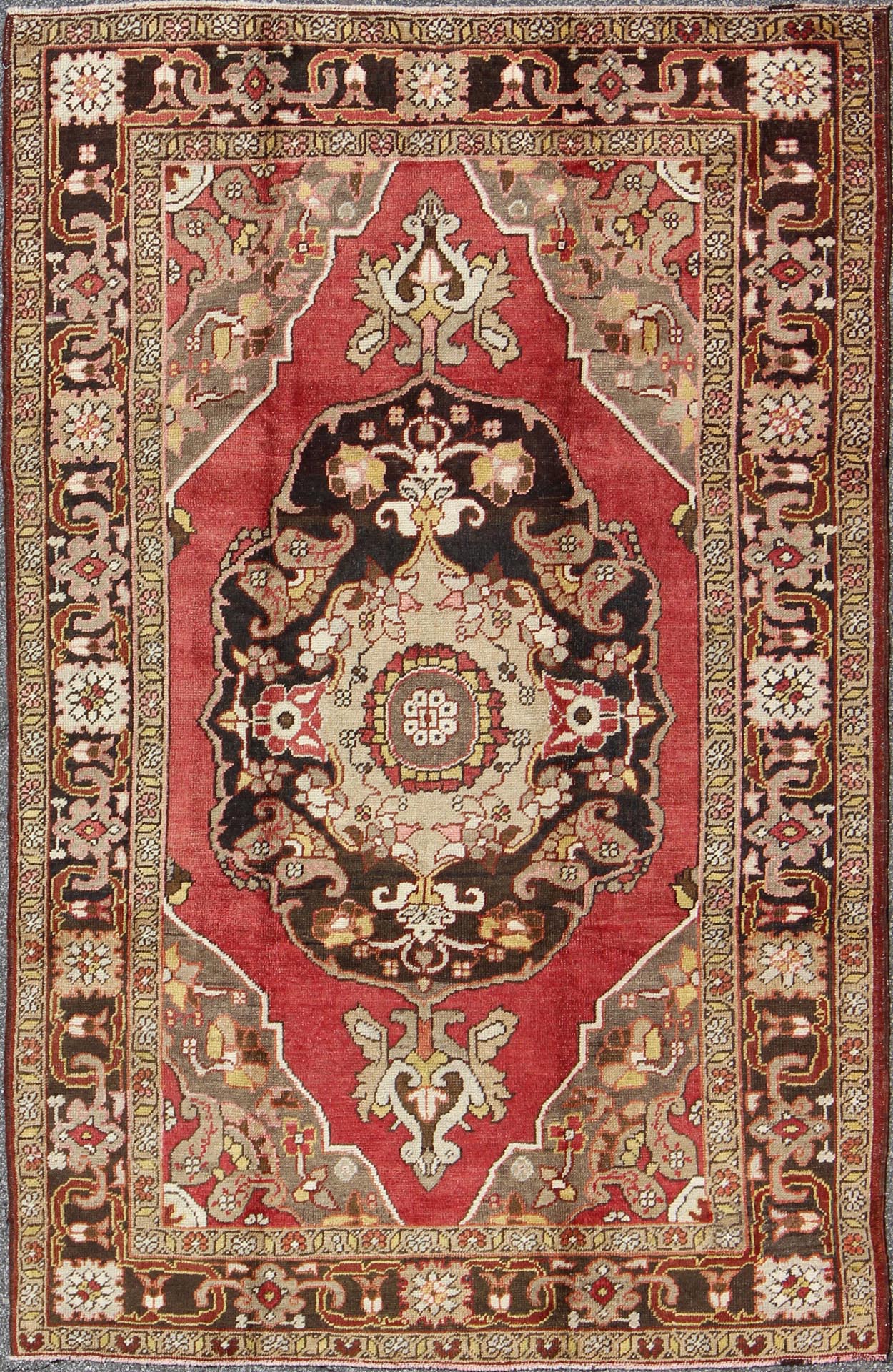 Keivan Woven Arts, En - 112094, 1930's Antique Turkish Oushak Rug. Turkish Antique Oushak with Scroll - Flower Pattern in Brown, Red, Light Green, Gray Taupe and Yellow This wonderful Turkish Oushak features chocolate brown border and medallion, red... - Keivan Woven ArtsEN - 112094 - 3170Rug