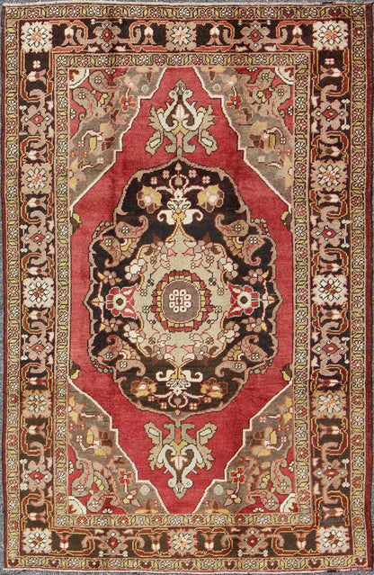 Keivan Woven Arts, En - 112094, 1930's Antique Turkish Oushak Rug. Turkish Antique Oushak with Scroll - Flower Pattern in Brown, Red, Light Green, Gray Taupe and Yellow This wonderful Turkish Oushak features chocolate brown border and medallion, red... - Keivan Woven ArtsEN - 112094 - 3170Rug