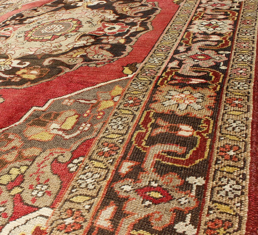 Keivan Woven Arts, En - 112094, 1930's Antique Turkish Oushak Rug. Turkish Antique Oushak with Scroll - Flower Pattern in Brown, Red, Light Green, Gray Taupe and Yellow This wonderful Turkish Oushak features chocolate brown border and medallion, red... - Keivan Woven ArtsEN - 112094 - 3170