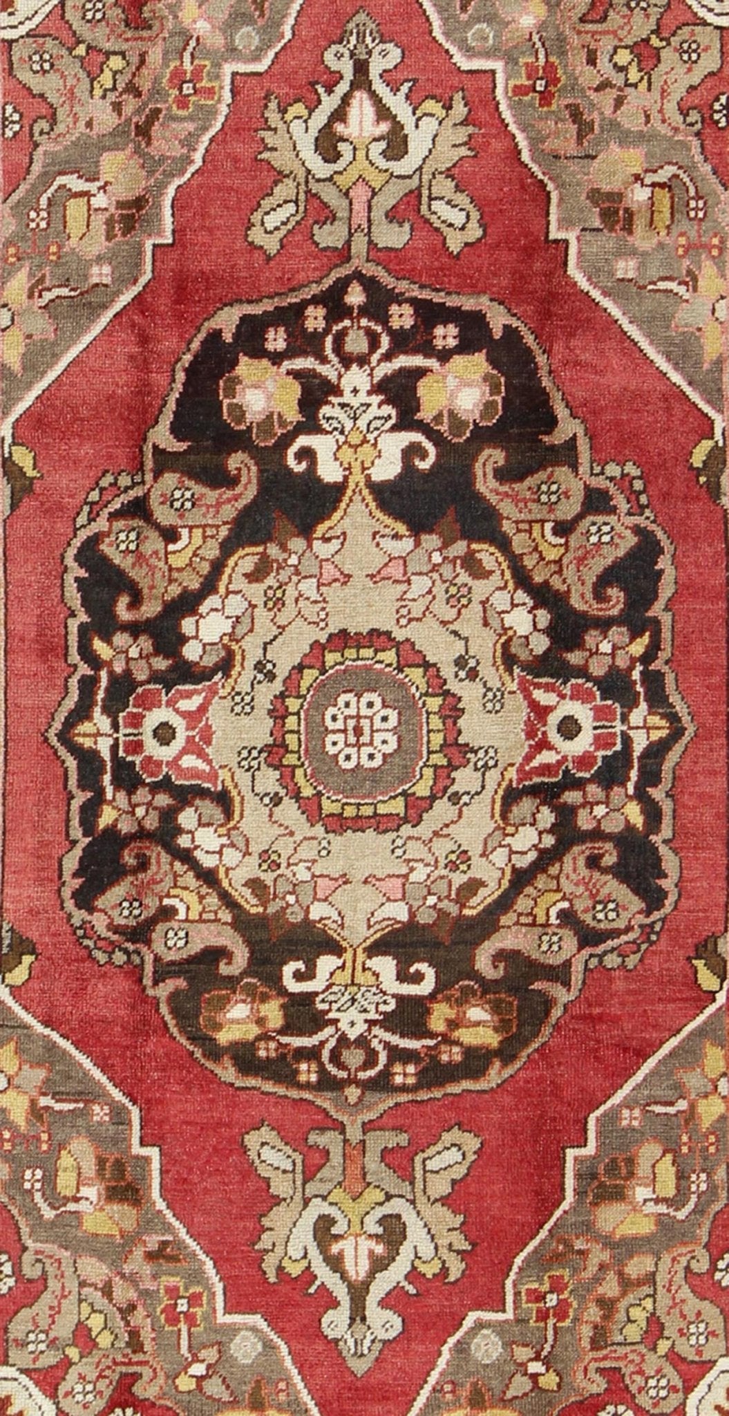 Keivan Woven Arts, En - 112094, 1930's Antique Turkish Oushak Rug. Turkish Antique Oushak with Scroll - Flower Pattern in Brown, Red, Light Green, Gray Taupe and Yellow This wonderful Turkish Oushak features chocolate brown border and medallion, red... - Keivan Woven ArtsEN - 112094 - 3170Rug