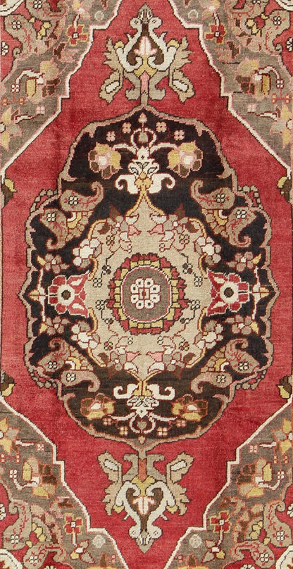 Keivan Woven Arts, En - 112094, 1930's Antique Turkish Oushak Rug. Turkish Antique Oushak with Scroll - Flower Pattern in Brown, Red, Light Green, Gray Taupe and Yellow This wonderful Turkish Oushak features chocolate brown border and medallion, red... - Keivan Woven ArtsEN - 112094 - 3170Rug