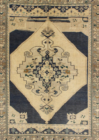 Vintage Turkish Oushak Rug with Stylized Medallion in Midnight Blue and Cream kwarugs Vintage Turkish Oushak rug with stylized medallion in midnight blue and cream, Keivan Woven Arts / rug EN - 112153, country of origin / type: Turkey / Oushak, ci... - Keivan Woven ArtsEN - 112153 - 2806Rug
