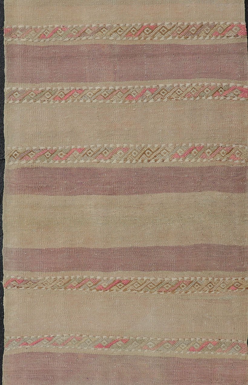 Vintage Hand Woven Turkish Kilim Runner with Stripes Purple, Taupe, and Tan. Keivan Woven Arts / rug EN - 112239, country of origin / type: Turkey / Kilim, circa Mid - 20th Century. Measures: 2'6 x 7'8 - Keivan Woven ArtsEN - 112239 - 15344Rug