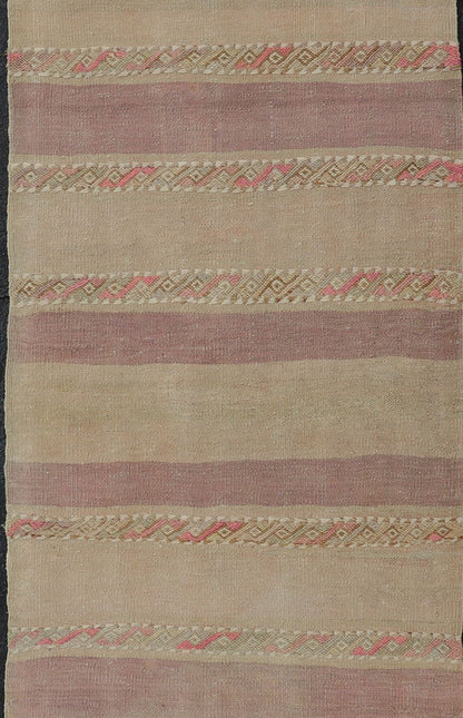 Vintage Hand Woven Turkish Kilim Runner with Stripes Purple, Taupe, and Tan. Keivan Woven Arts / rug EN - 112239, country of origin / type: Turkey / Kilim, circa Mid - 20th Century. Measures: 2'6 x 7'8 - Keivan Woven ArtsEN - 112239 - 15344Rug