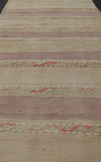 Vintage Hand Woven Turkish Kilim Runner with Stripes Purple, Taupe, and Tan. Keivan Woven Arts / rug EN - 112239, country of origin / type: Turkey / Kilim, circa Mid - 20th Century. Measures: 2'6 x 7'8 - Keivan Woven ArtsEN - 112239 - 15344Rug