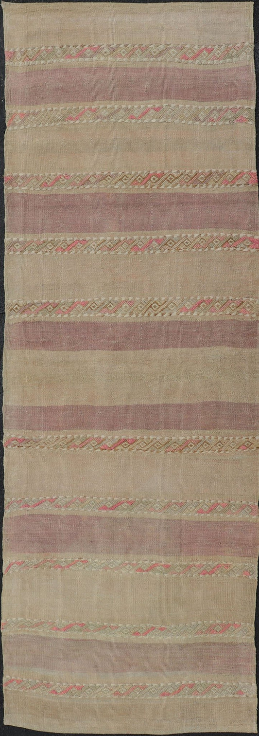 Vintage Hand Woven Turkish Kilim Runner with Stripes Purple, Taupe, and Tan. Keivan Woven Arts / rug EN - 112239, country of origin / type: Turkey / Kilim, circa Mid - 20th Century. Measures: 2'6 x 7'8 - Keivan Woven ArtsEN - 112239 - 15344Rug