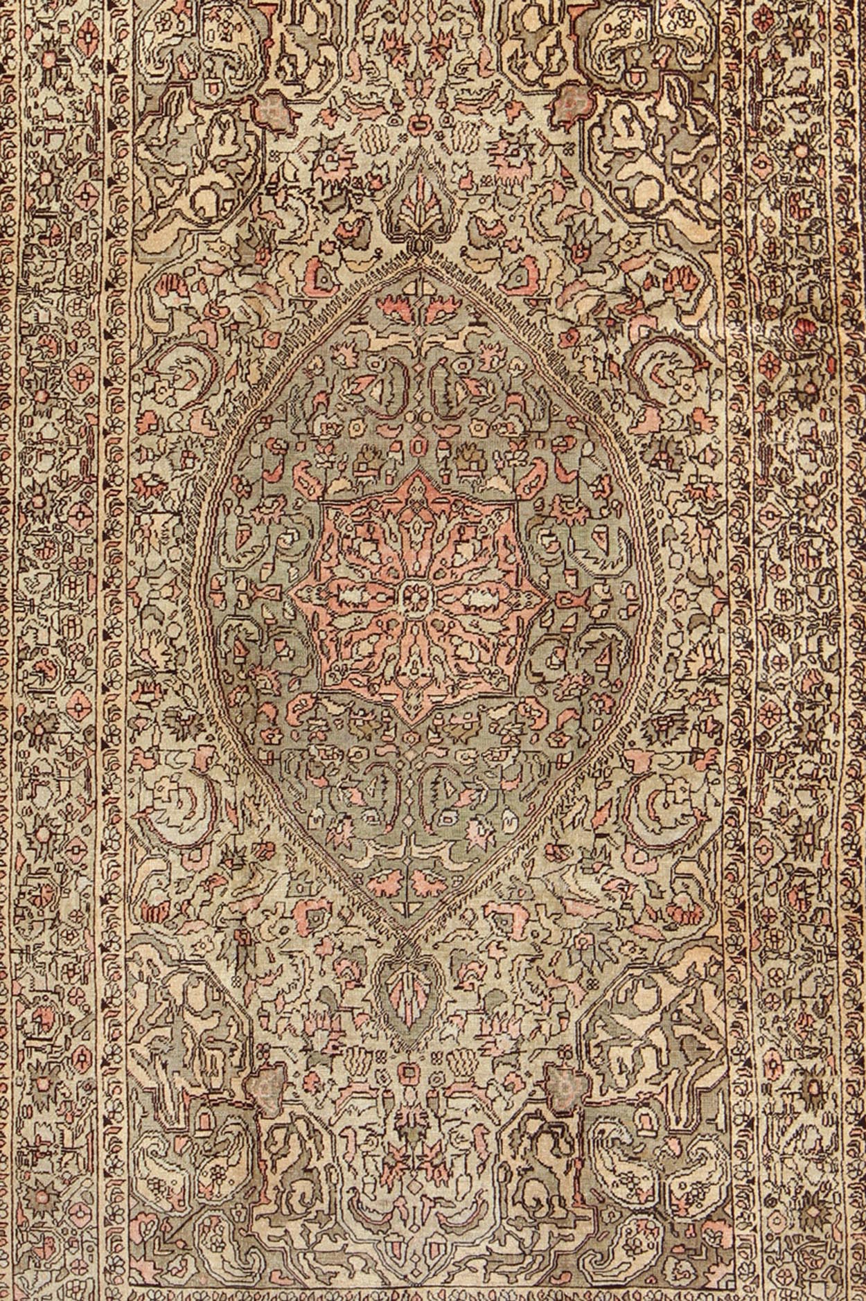Vintage Turkish Sivas with Floral Central Medallion in Coral and Earthy Tones Measures: 5'6 x 9'11 This Turkish Sivas showcases a floral design utilizing botanical motifs spread through the central medallion, continuing across to the ... - Keivan Woven ArtsEN - 112309 - 3138Rug